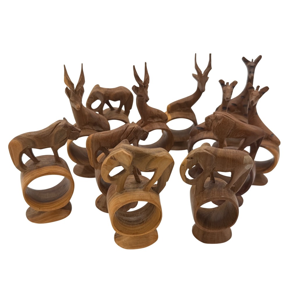 Vintage Hand-Carved Wood Safari Animal Napkin Rings Set of 12 Made in Kenya
